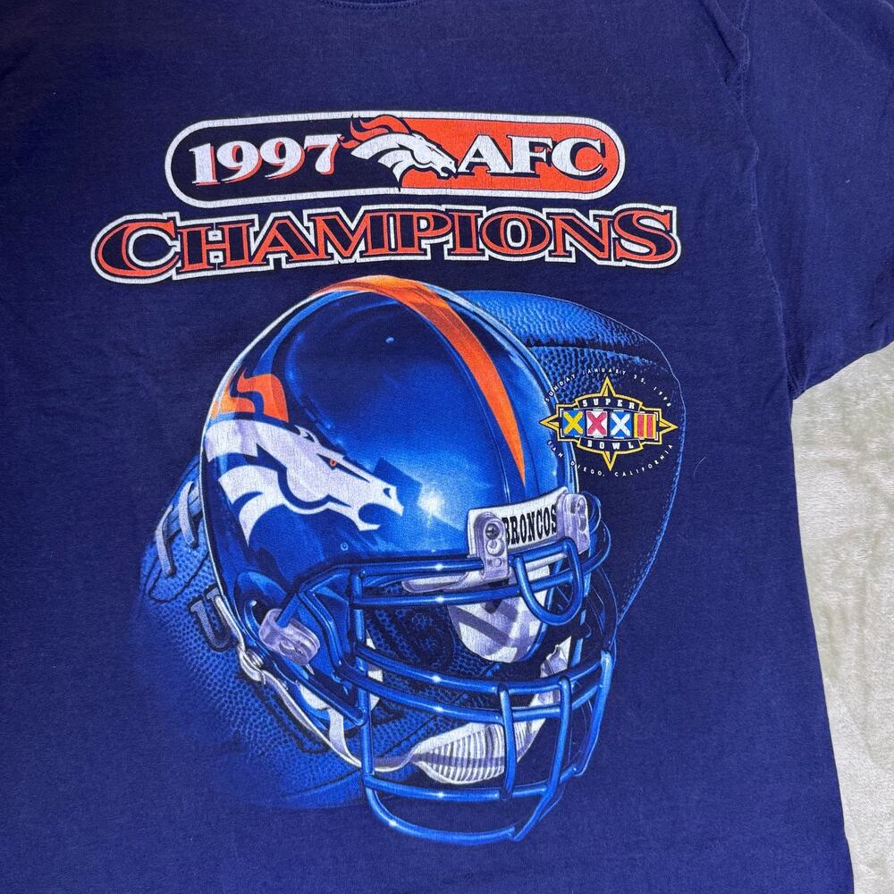 Vintage 1997 Denver Broncos AFC Champions Super Bowl XXXII Graphic T Shirt Blue - Picture 3 of 6